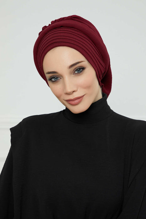 Instant Turban Hijab Pleated Lightweight Aerobin Scarf Head Turbans For Women Headwear Stylish Elegant Design Hear Wrap,HT-108A Maroon