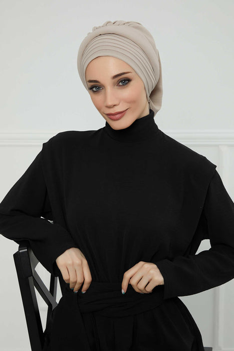 Instant Turban Hijab Pleated Lightweight Aerobin Scarf Head Turbans For Women Headwear Stylish Elegant Design Hear Wrap,HT-108A Beige