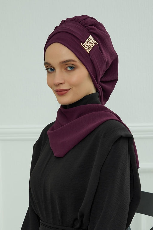 Instant Turban Lightweight Aerobin Scarf Head Turbans For Women Headwear With Unique Gold Accessories Stylish Elegant Design,HT-11A Purple