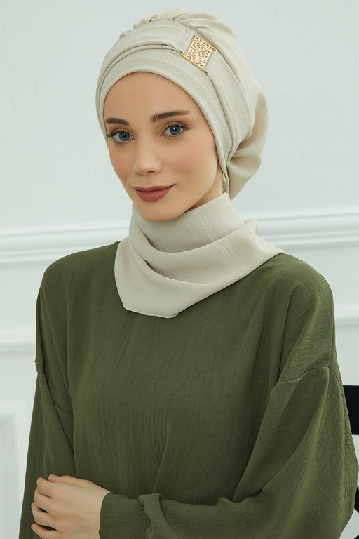 Instant Turban Lightweight Aerobin Scarf Head Turbans For Women Headwear With Unique Gold Accessories Stylish Elegant Design,HT-11A Beige