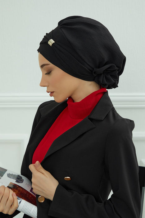 Instant Turban Lightweight Aerobin Scarf Head Turbans with Beautiful Gold Accessory For Women Headwear Stylish Elegant Design,HT-95 Black