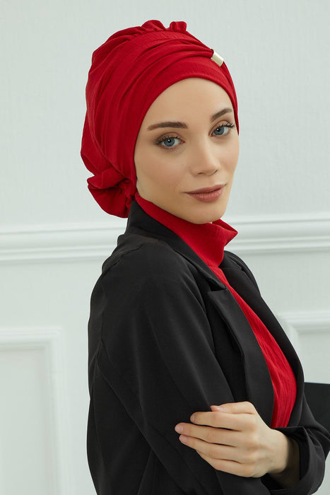 Instant Turban Lightweight Aerobin Scarf Head Turbans with Beautiful Gold Accessory For Women Headwear Stylish Elegant Design,HT-95 Red
