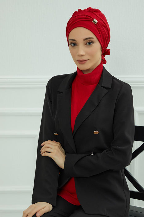 Instant Turban Lightweight Aerobin Scarf Head Turbans with Beautiful Gold Accessory For Women Headwear Stylish Elegant Design,HT-95 Red