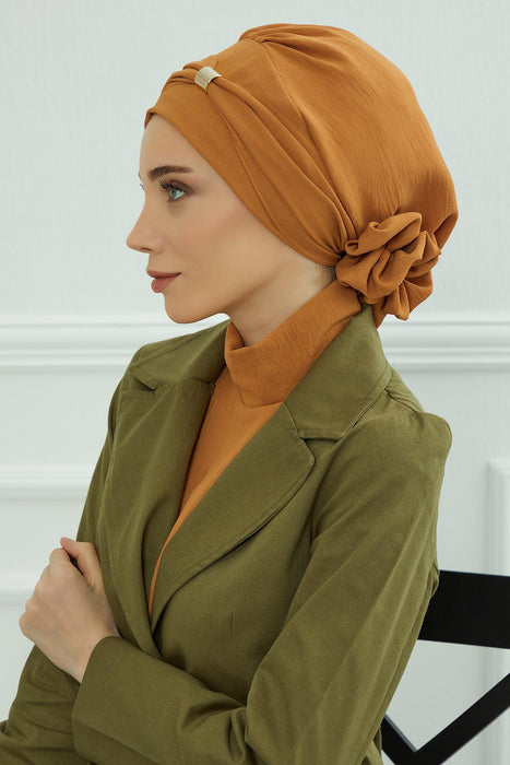 Instant Turban Lightweight Aerobin Scarf Head Turbans with Beautiful Gold Accessory For Women Headwear Stylish Elegant Design,HT-95 Tawny Brown