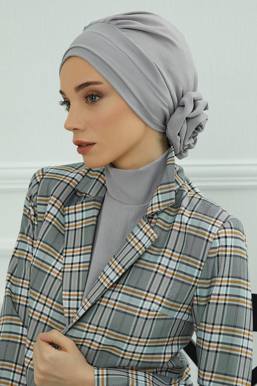 Instant Turban Lightweight Aerobin Scarf Head Turbans with Flower Back Detail For Women Headwear Stylish Elegant Design,HT-92 Grey