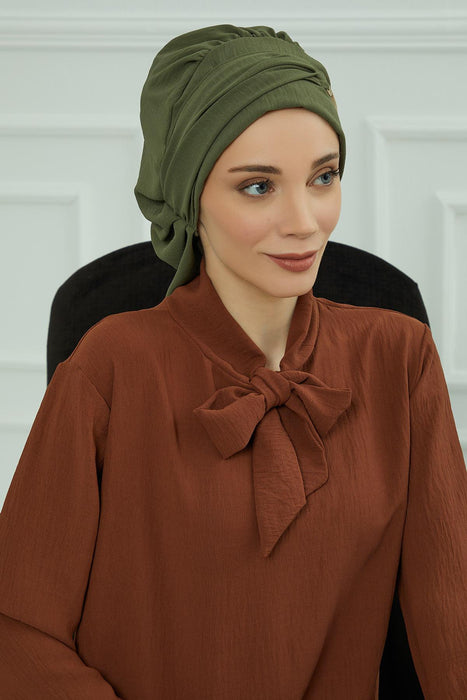 Instant Turban Lightweight Aerobin Scarf Head Turbans with Gorgeous Gold Accessory For Women Headwear Stylish Elegant Design,HT-93 Army Green