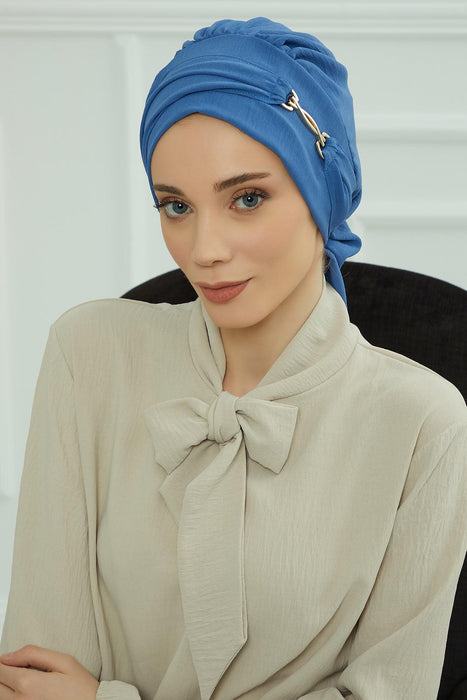 Instant Turban Lightweight Aerobin Scarf Head Turbans with Gorgeous Gold Accessory For Women Headwear Stylish Elegant Design,HT-93 Blue
