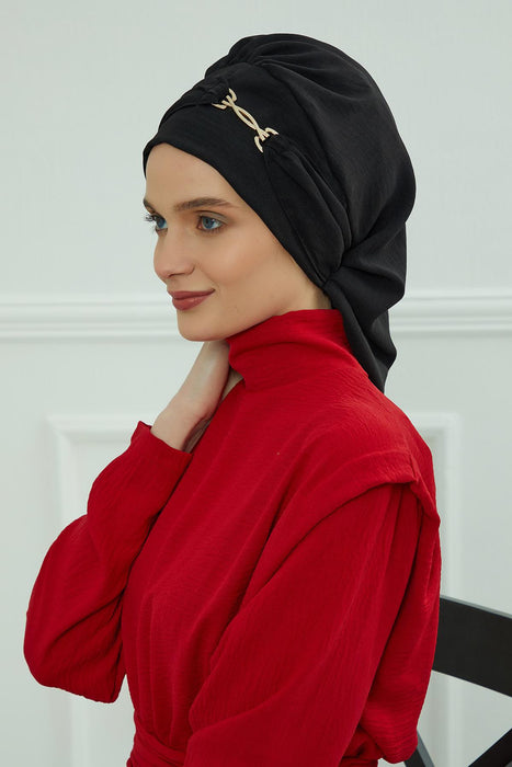 Instant Turban Lightweight Aerobin Scarf Head Turbans with Gorgeous Gold Accessory For Women Headwear Stylish Elegant Design,HT-93 Black