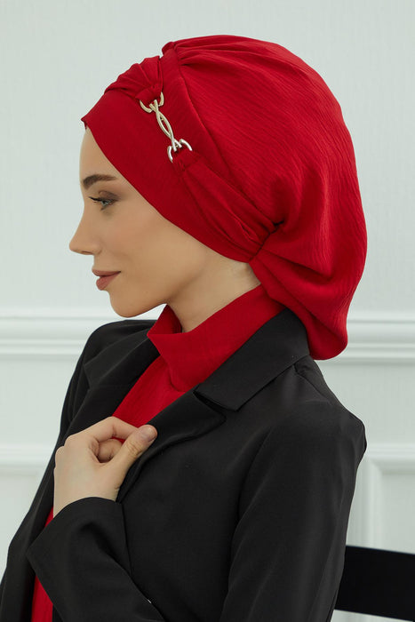 Instant Turban Lightweight Aerobin Scarf Head Turbans with Gorgeous Gold Accessory For Women Headwear Stylish Elegant Design,HT-93 Red
