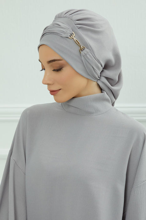 Instant Turban Lightweight Aerobin Scarf Head Turbans with Gorgeous Gold Accessory For Women Headwear Stylish Elegant Design,HT-93 Grey