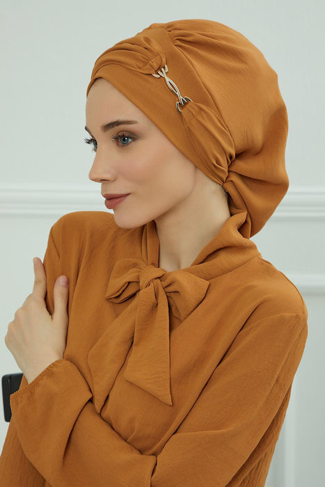 Instant Turban Lightweight Aerobin Scarf Head Turbans with Gorgeous Gold Accessory For Women Headwear Stylish Elegant Design,HT-93 Tawny Brown
