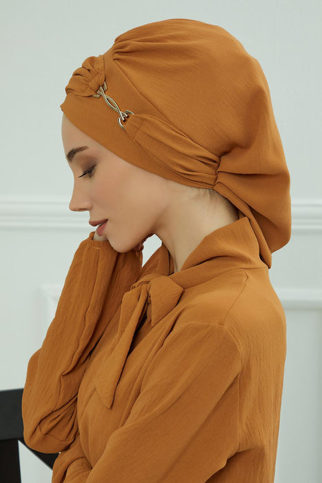 Instant Turban Lightweight Aerobin Scarf Head Turbans with Gorgeous Gold Accessory For Women Headwear Stylish Elegant Design,HT-93 Tawny Brown