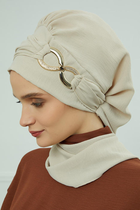 Instant Turban Lightweight Aerobin Scarf Head Turbans with Gorgeous Gold Accessory For Women Headwear Stylish Elegant Design,HT-94