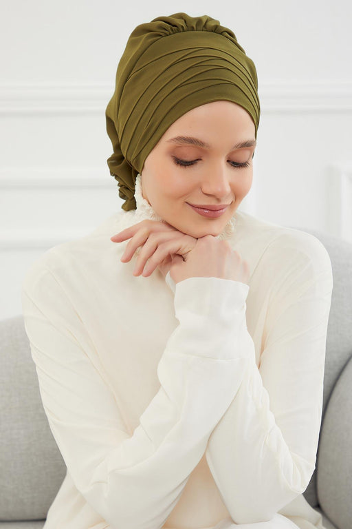 Chiffon Instant Turban with Cross-Stitch Tie Detail, Fashionable Adjustable Pre-Tied Headscarf Head Covering for Effortless Style,HT-30 Army Green