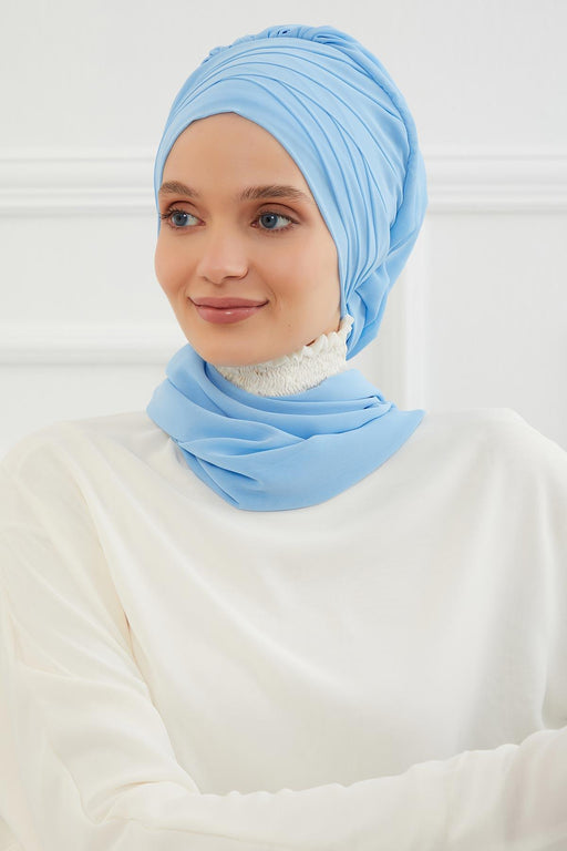 Pleated Instant Turban Head Covering for Women, Lightweight Chiffon Instant Turban, Quick and Stylish Head Coverage for Modest Fashion,HT-48 Baby Blue