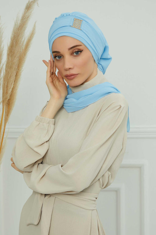Chiffon Instant Turban with Gold Leopard Pattern Accessory, Adjustable Instant Turban Headscarf for Women, Pre-Tied Turban Hijab Cover,HT-11 Baby Blue