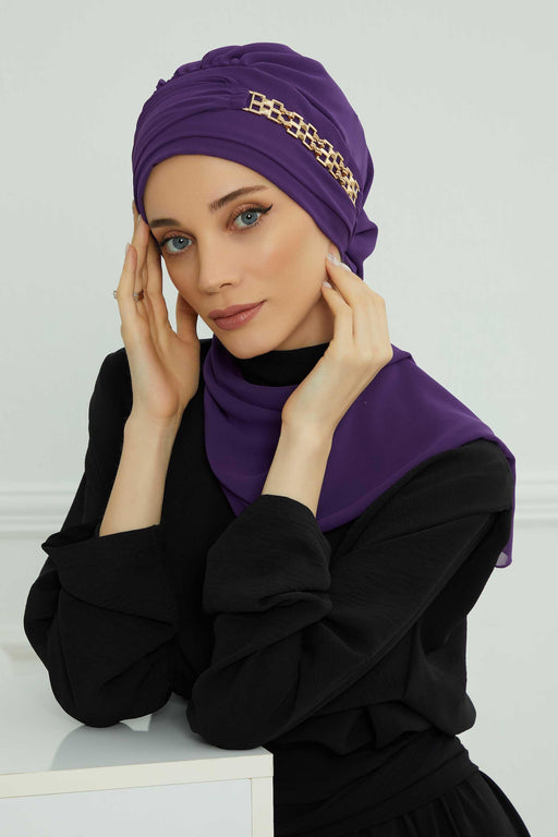 Stylish Instant Turban with Elegant Gold Chain Detail made from High Quality Chiffon Fabric, Breathable Headscarf Turban For Women,HT-28 Purple