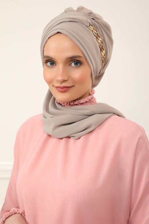 Stylish Instant Turban with Elegant Gold Chain Detail made from High Quality Chiffon Fabric, Breathable Headscarf Turban For Women,HT-28 Mink