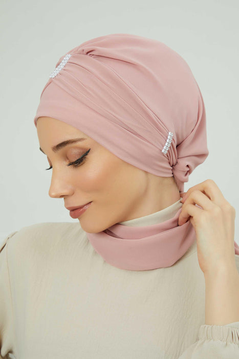 Instant Turban Lightweight Chiffon Scarf Head Turbans For Women with Unique Stone Accessories Headwear Stylish Elegant Design,HT-51 Powder