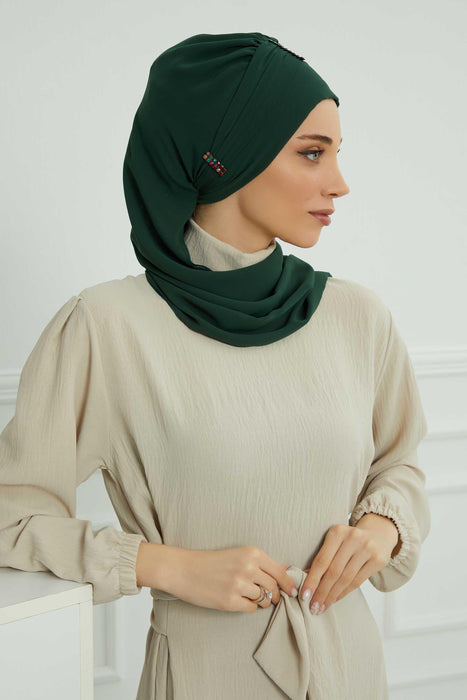 Instant Turban Lightweight Chiffon Scarf Head Turbans For Women with Unique Stone Accessories Headwear Stylish Elegant Design,HT-51 Dark Green