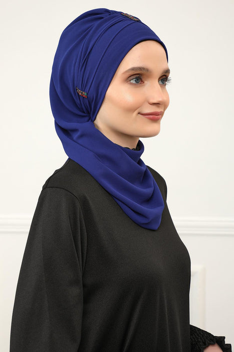 Instant Turban Lightweight Chiffon Scarf Head Turbans For Women with Unique Stone Accessories Headwear Stylish Elegant Design,HT-51 Sax Blue