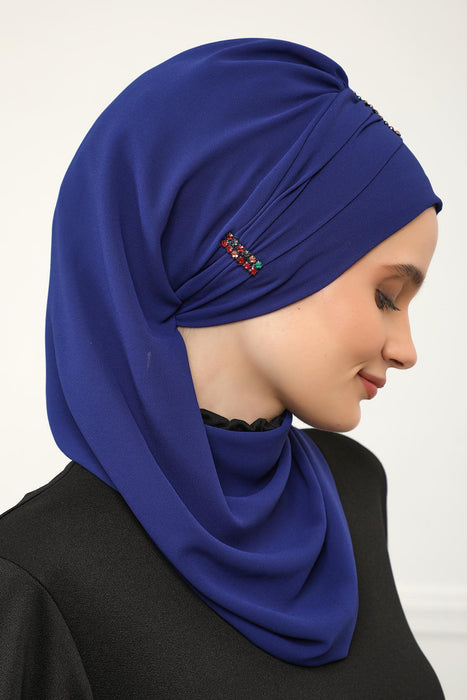 Instant Turban Lightweight Chiffon Scarf Head Turbans For Women with Unique Stone Accessories Headwear Stylish Elegant Design,HT-51 Sax Blue
