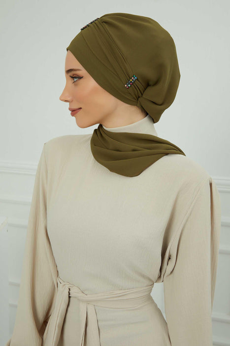 Instant Turban Lightweight Chiffon Scarf Head Turbans For Women with Unique Stone Accessories Headwear Stylish Elegant Design,HT-51 Army Green