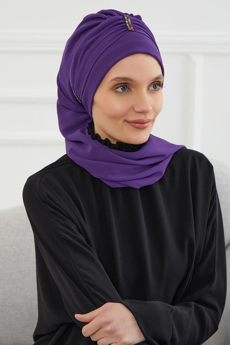 Instant Turban Lightweight Chiffon Scarf Head Turbans For Women with Unique Stone Accessories Headwear Stylish Elegant Design,HT-51 Purple