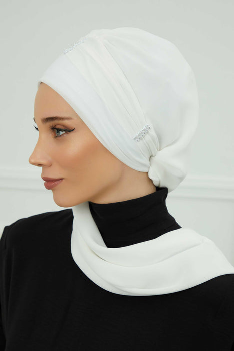 Instant Turban Lightweight Chiffon Scarf Head Turbans For Women with Unique Stone Accessories Headwear Stylish Elegant Design,HT-51 Off-White