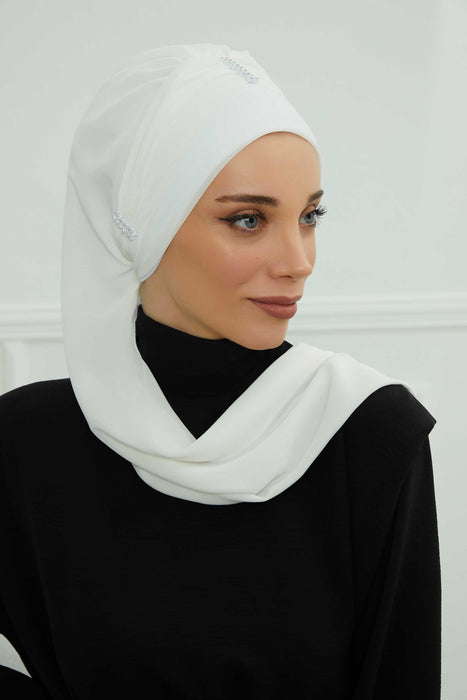 Instant Turban Lightweight Chiffon Scarf Head Turbans For Women with Unique Stone Accessories Headwear Stylish Elegant Design,HT-51 Off-White