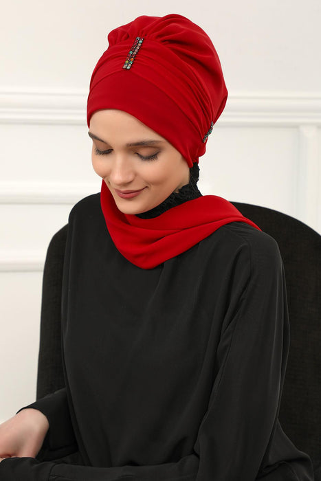 Instant Turban Lightweight Chiffon Scarf Head Turbans For Women with Unique Stone Accessories Headwear Stylish Elegant Design,HT-51 Red