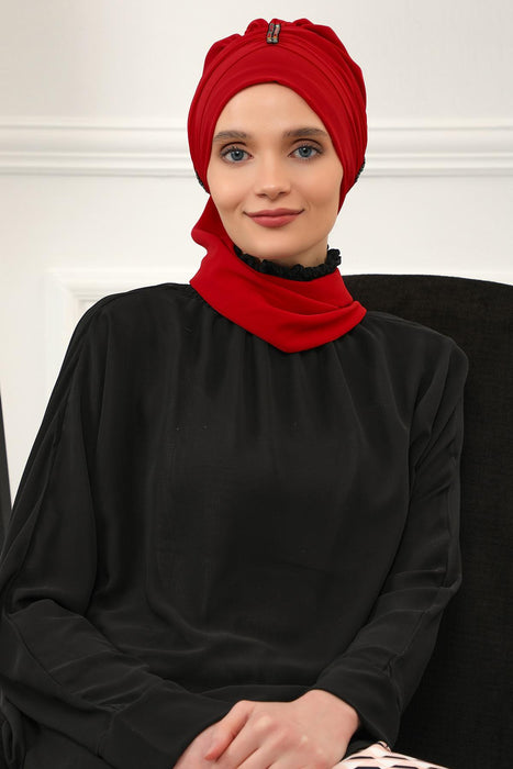 Instant Turban Lightweight Chiffon Scarf Head Turbans For Women with Unique Stone Accessories Headwear Stylish Elegant Design,HT-51 Red