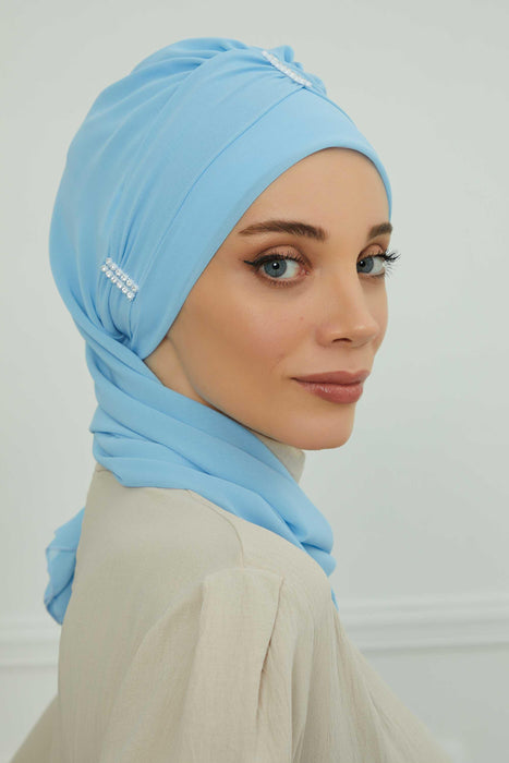 Instant Turban Lightweight Chiffon Scarf Head Turbans For Women with Unique Stone Accessories Headwear Stylish Elegant Design,HT-51 Baby Blue