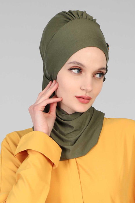Regal Charm Cotton Instant Turban with Adorable Brooch Detail, Adjustable Easy to Wear Hijab for Women, Lightweight Cotton Headscarf,HT-72 Army Green