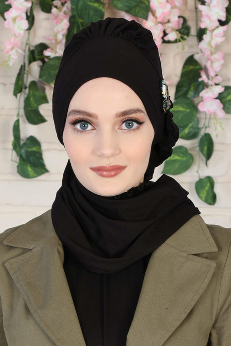 Regal Charm Cotton Instant Turban with Adorable Brooch Detail, Adjustable Easy to Wear Hijab for Women, Lightweight Cotton Headscarf,HT-72 Black