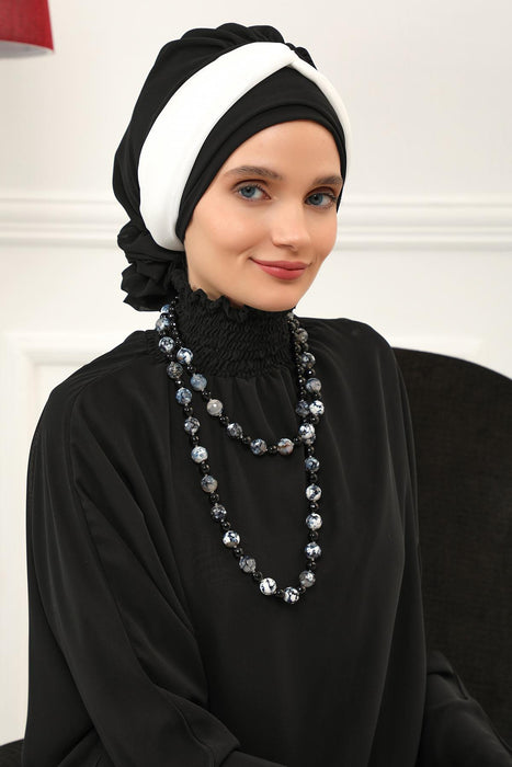 Instant Turban Lightweight Multicolor Chiffon Scarf Head Turbans For Women Headwear Stylish Elegant Design,HT-45 Black - Broken White