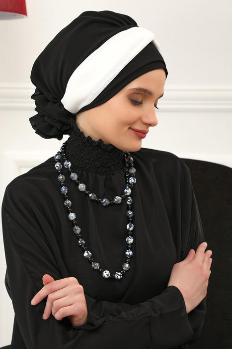 Instant Turban Lightweight Multicolor Chiffon Scarf Head Turbans For Women Headwear Stylish Elegant Design,HT-45 Black - Broken White