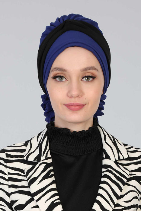 Instant Turban Lightweight Multicolor Chiffon Scarf Head Turbans For Women Headwear Stylish Elegant Design,HT-45 Sax Blue - Black