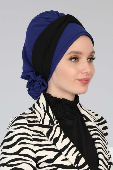 Instant Turban Lightweight Multicolor Chiffon Scarf Head Turbans For Women Headwear Stylish Elegant Design,HT-45 Sax Blue - Black