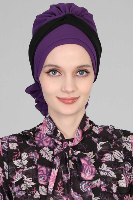 Instant Turban Lightweight Multicolor Chiffon Scarf Head Turbans For Women Headwear Stylish Elegant Design,HT-45 Purple - Black