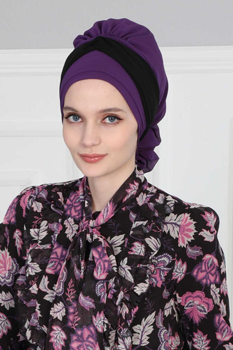 Instant Turban Lightweight Multicolor Chiffon Scarf Head Turbans For Women Headwear Stylish Elegant Design,HT-45 Purple - Black