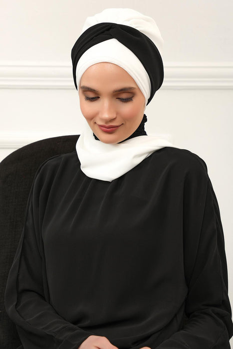 Instant Turban Lightweight Multicolor Chiffon Scarf Head Turbans For Women Headwear Stylish Elegant Design,HT-45 Ivory - Black