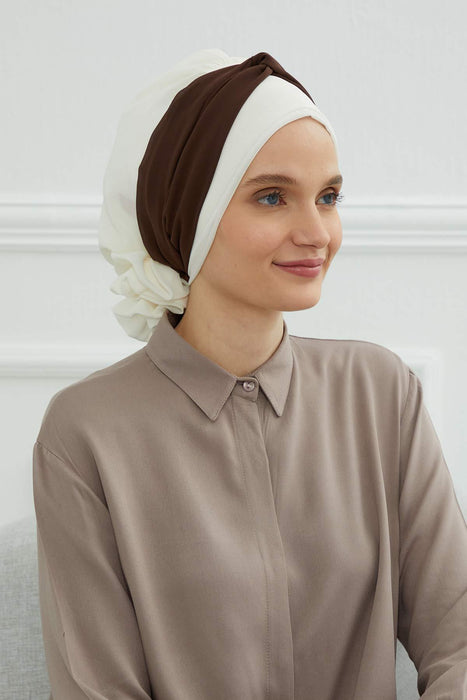 Instant Turban Lightweight Multicolor Chiffon Scarf Head Turbans For Women Headwear Stylish Elegant Design,HT-45 Ivory - Brown