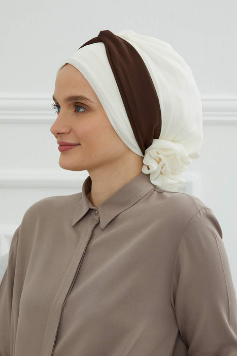 Instant Turban Lightweight Multicolor Chiffon Scarf Head Turbans For Women Headwear Stylish Elegant Design,HT-45 Ivory - Brown