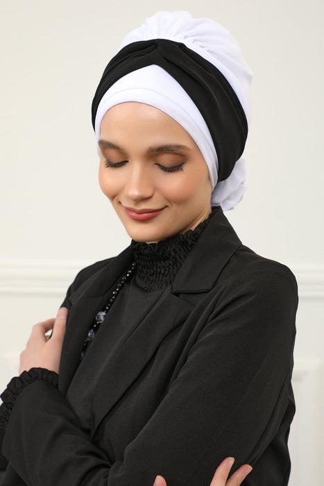 Instant Turban Lightweight Multicolor Chiffon Scarf Head Turbans For Women Headwear Stylish Elegant Design,HT-45 Off-White - Black
