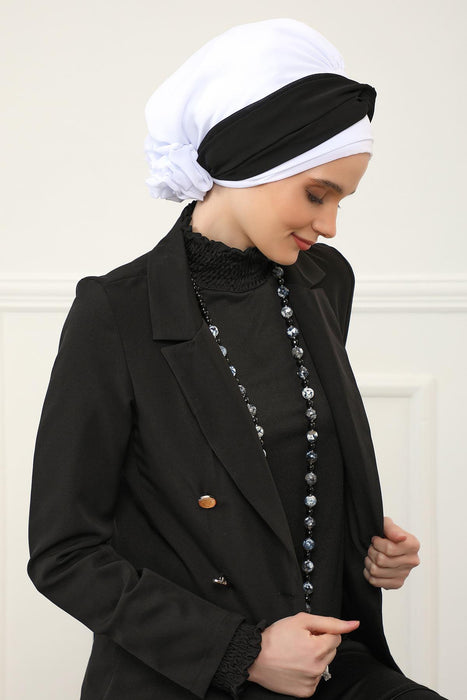 Instant Turban Lightweight Multicolor Chiffon Scarf Head Turbans For Women Headwear Stylish Elegant Design,HT-45 Off-White - Black