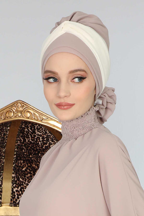 Instant Turban Lightweight Multicolor Chiffon Scarf Head Turbans For Women Headwear Stylish Elegant Design,HT-45 Mink - Ivory