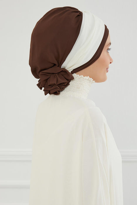 Instant Turban Lightweight Multicolor Chiffon Scarf Head Turbans For Women Headwear Stylish Elegant Design,HT-45 Brown - Ivory