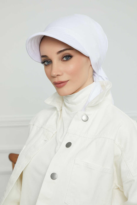 Instant Turban Newsboy Hat for Women, 95% Cotton Women's Visor Cap, Stylish Chemo Bonnet Visor Cap, Handmade Women Newsboy Headwear,B-71 White