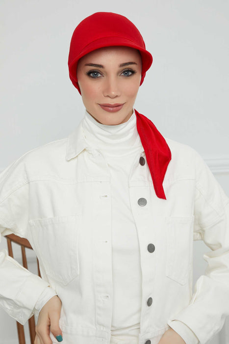 Instant Turban Newsboy Hat for Women, 95% Cotton Women's Visor Cap, Stylish Chemo Bonnet Visor Cap, Handmade Women Newsboy Headwear,B-71 Red